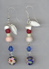 Blue Cloisonn, Pink Opal, Mother of Pearl, Silver Feather,  Pierced Earrings