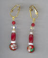 Red Coral, Red Cloisonn, freshwater Pearl, Pierced Look Earrings