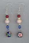 Blue Cloisonn, Pink Opal, Mother of Pearl, Pierced Earrings