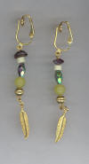 Jade, Garnet, Celestial Crystals, Gold Feather Drop, Pierced Look Earrings