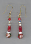 Red Coral, Red Cloisonn, freshwater Pearl, Pierced Earrings