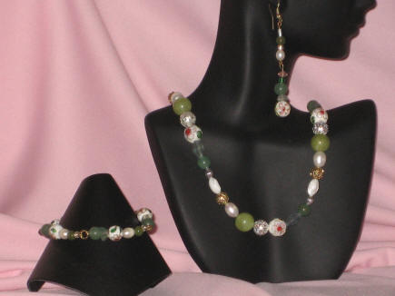 White Cloisonn, Serpentine, & Aventurine Matinee Length Set