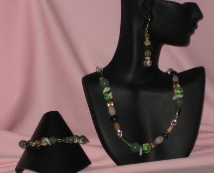 Green Cloisonn, Picasso Jasper, Aventurine & Smoky Topaz Matinee Length  Set