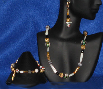 Black Cloisonn, Agate & Coral Matinee Length Set