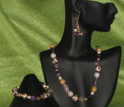 Purple Amethyst, Cloisonn & Garnet Matinee Length Set