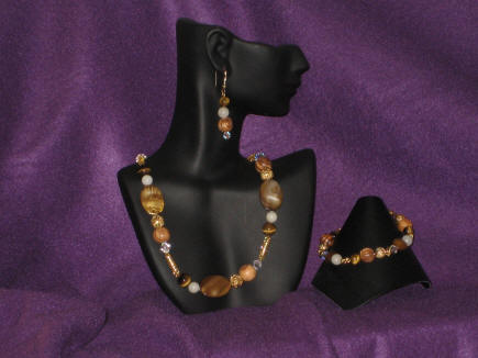 Tigers Eye, Cream Quartz, Brown Mother of Pearl, Bethlehem Olive Beads Matinee Length Set