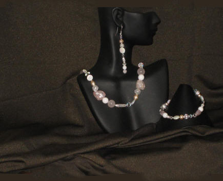 Pink Ice Quartz, Rose Quartz, Mother of Pearl and Freshwater Pearl Matinee Length  Set