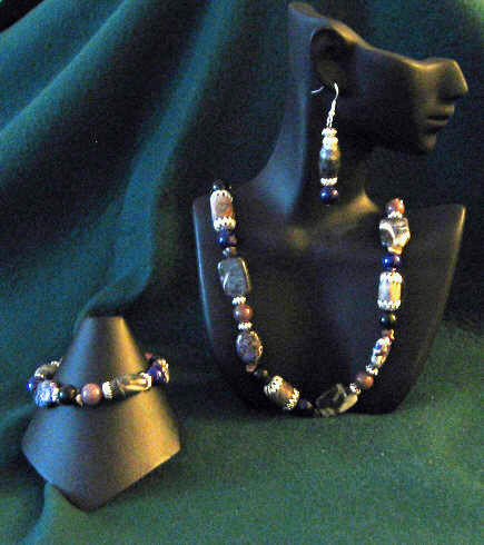 Purple Magnesite, Aventurine & Black Fossil Stone Matinee Length Set