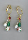 White Cloisonn, freshwater Pearl, Vintage Glass Pierced Look  Earrings