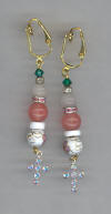 Snow Quartz, Cherry Quartz, White Cloisonn & Swarovski Rhinestone Crystal Pierced Look Earrings