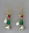 White Cloisonn, freshwater Pearl, Vintage Glass Pierced Earrings