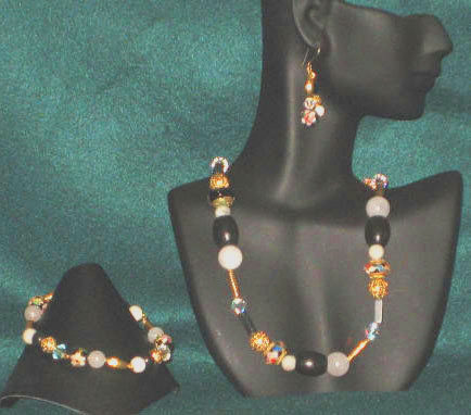 Black Onyx & Rondelle Cloisonn, Jade &  Snow Quartz Matinee Length  Set 