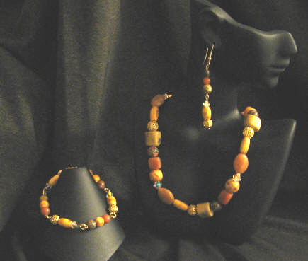 Tiger Coral, Red Aventurine. Red Leopard Skin Jasper Matinee Length Set