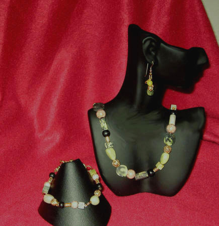 Yellow Turquoise, Green Serpentine & Rose Stardust Matinee  Length Set  