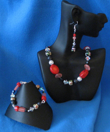 ed Coral, Fossil Rock, Cherry Quartz & Black Cloisonn Matinee Length Set