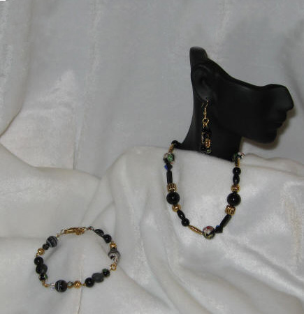 Black Agate, Onyx, Coral and Cloisonn Matinee Length Set