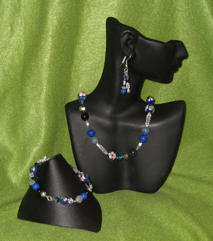 Lapis Jade, Blue Aventurine, Blue Cloisonn, & Goldstone Matinee Length Set