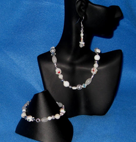 White Howlite, Snow Quartz, White Jade & Cloisonn Matinee Length Set