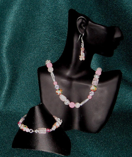 Rose Quartz, Ice Flake Quartz and Pink Coral Matinee Length Set