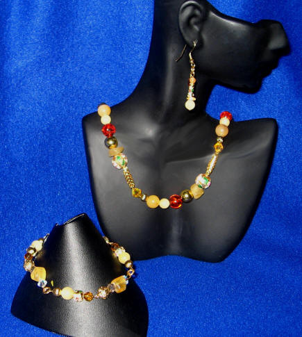 Aragonite, Amber, Yellow Fluorite, Yellow Jade & Cloisonn Matinee Length Set