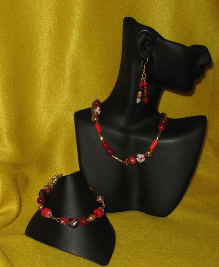 Red Jade, Bamboo Coral, Fossil Rock, and Red Cloisonn Matinee Length Set