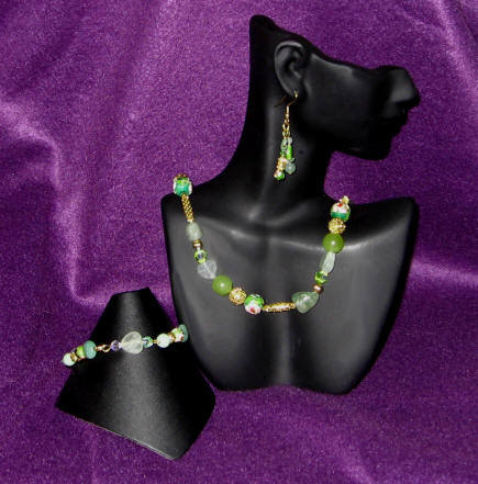 Green Ice Flake Quartz, Olive Serpentine & Fluorite Matinee Length Set