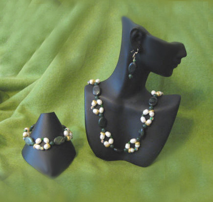 Rhyolite & Green Jade, Freshwater Pearl  Matinee Length Set