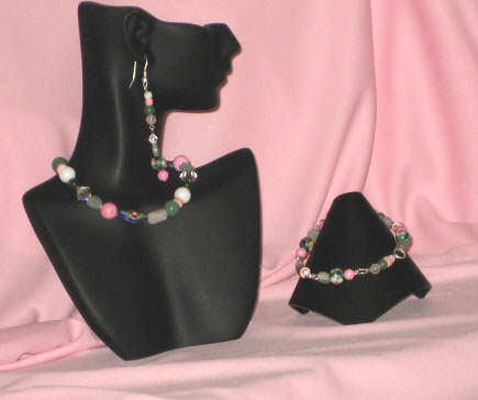 Green Agate, Aventurine, Diamond Cloisonn, Rose Quartz Princess  Length Set  