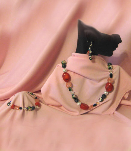 Red Coral, Fossil Rock, Cherry Quartz & Black Cloisonn Matinee Length Set  