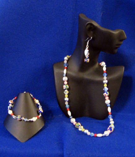 Dark Blue Cloisonn, Olive Jade, & Rose Quartz  Opera Length Set 