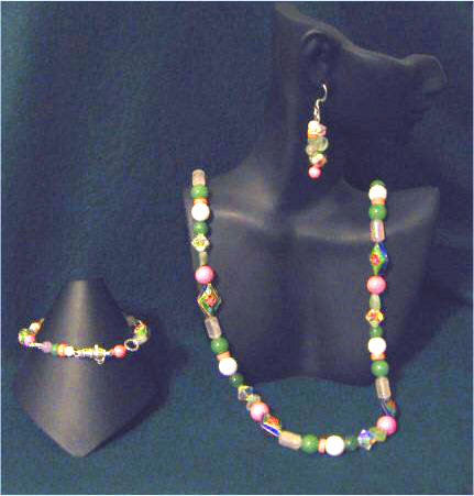 Green Agate, Aventurine, Diamond Cloisonn, Rose Quartz Opera Length Set 